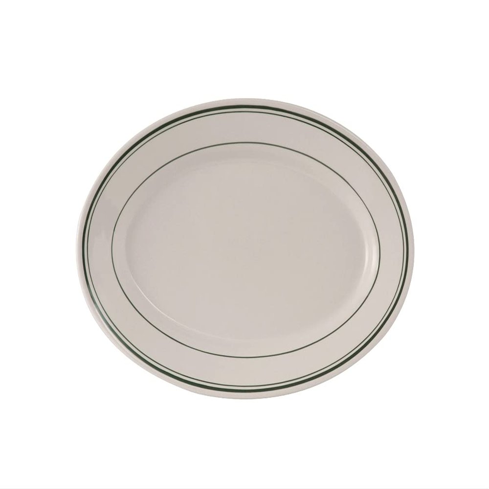 Tuxton China TGB-012 Platter, 10-1/2" x 7-3/8", Oval, Wide Rim, Rolled Edge, Microwave and Dishwasher Safe, Oven Proof, Fully Vitrified, Ceramic, Green Bay, Pack of 24