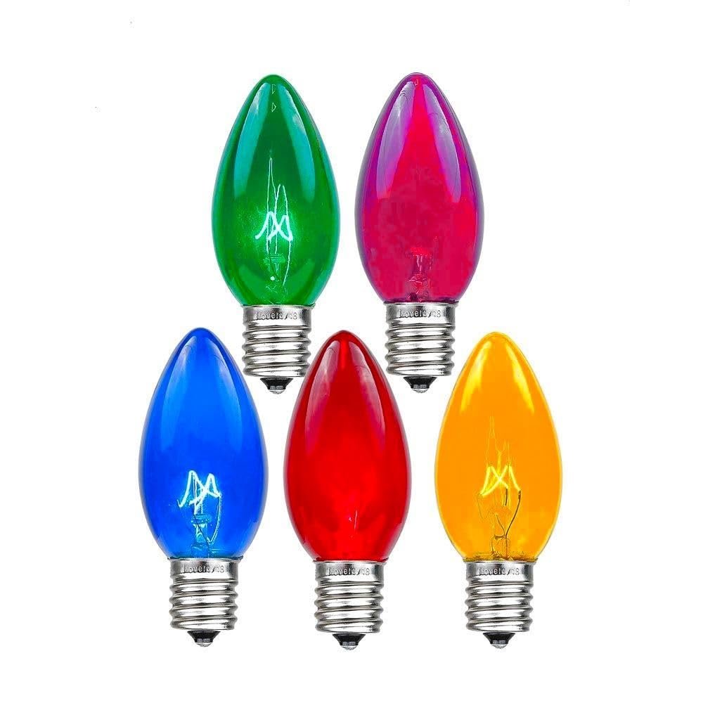 Novelty Lights Twinkle Christmas Replacement Bulbs - Outdoor Individual Bulbs for Events, Holiday Parties, Patios, and More - C7/E12 Candelabra Base, 5 Watt Lights (Multicolor, 25 Pack)