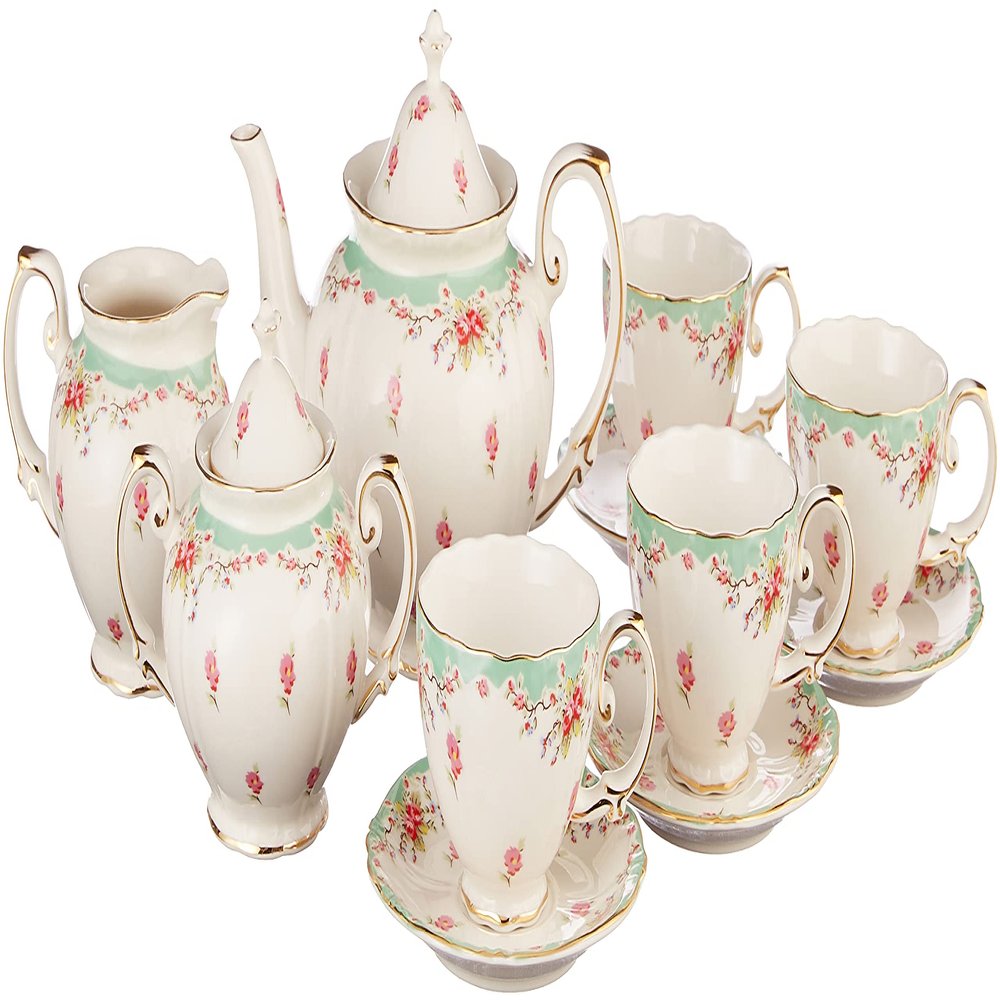 Gracie China by Coastline Imports Vintage Green Rose Porcelain 11-Piece Tea Set, Green