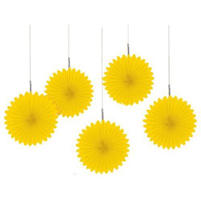 Amscan Pretty and Fun Hanging Round Mini Fan Party Decoration, Sunshine Yellow, Paper, 6", Pack of 5