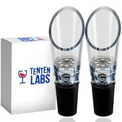 TenTen Labs Premium Wine Aerator Pourer Spout (2-Pack) Rich Bubbles for Improved Flavor & Aroma Wine Accessories for Wine Lovers with No-Drip Design Perfect Gifts for Women and Men Black