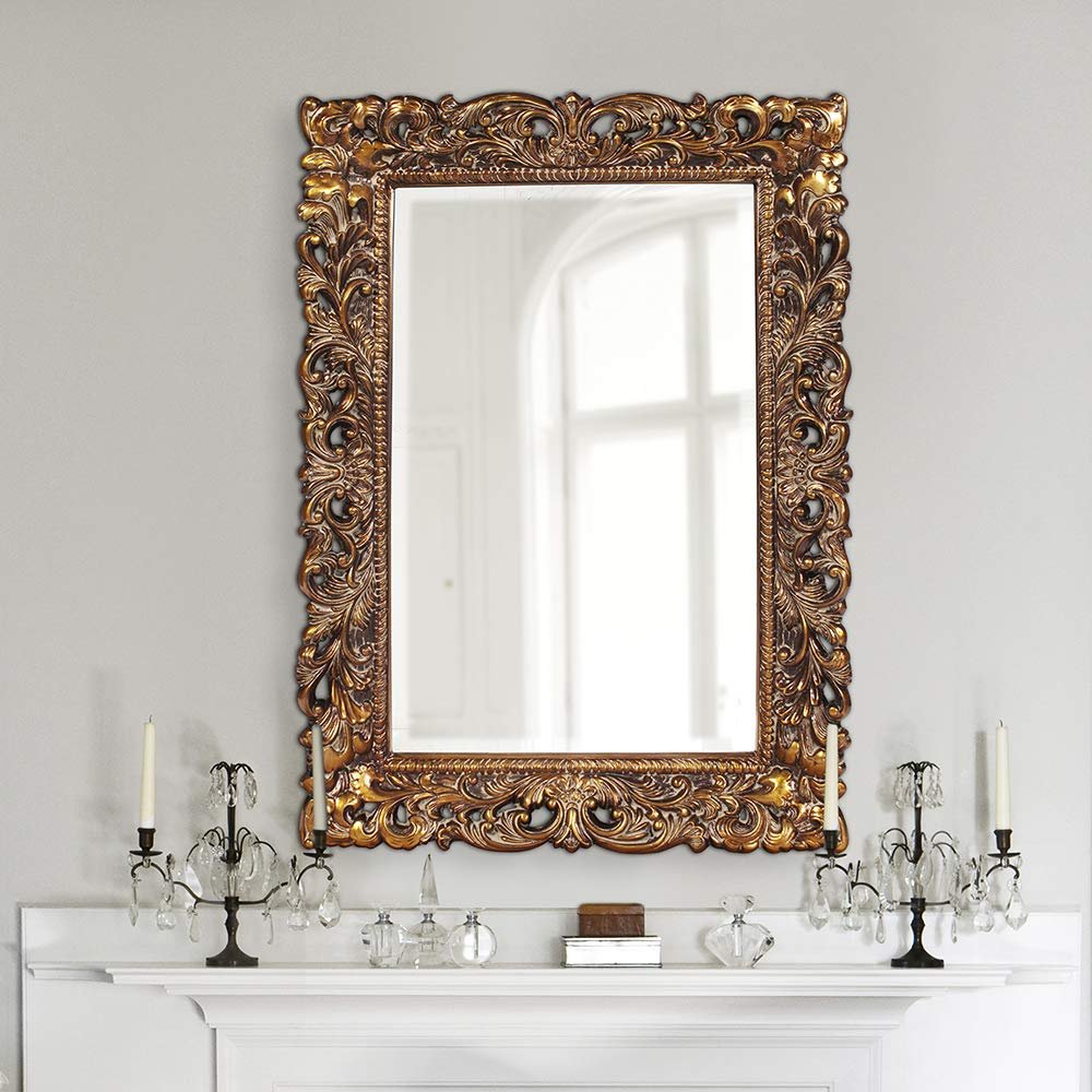 Howard Elliott Barcelona Hanging Rectangular Framed Wall Mirror, Antique Gold Resin, Traditional Designer Mirror for Home, Living Room or Bedroom, 23 x 35 Inch