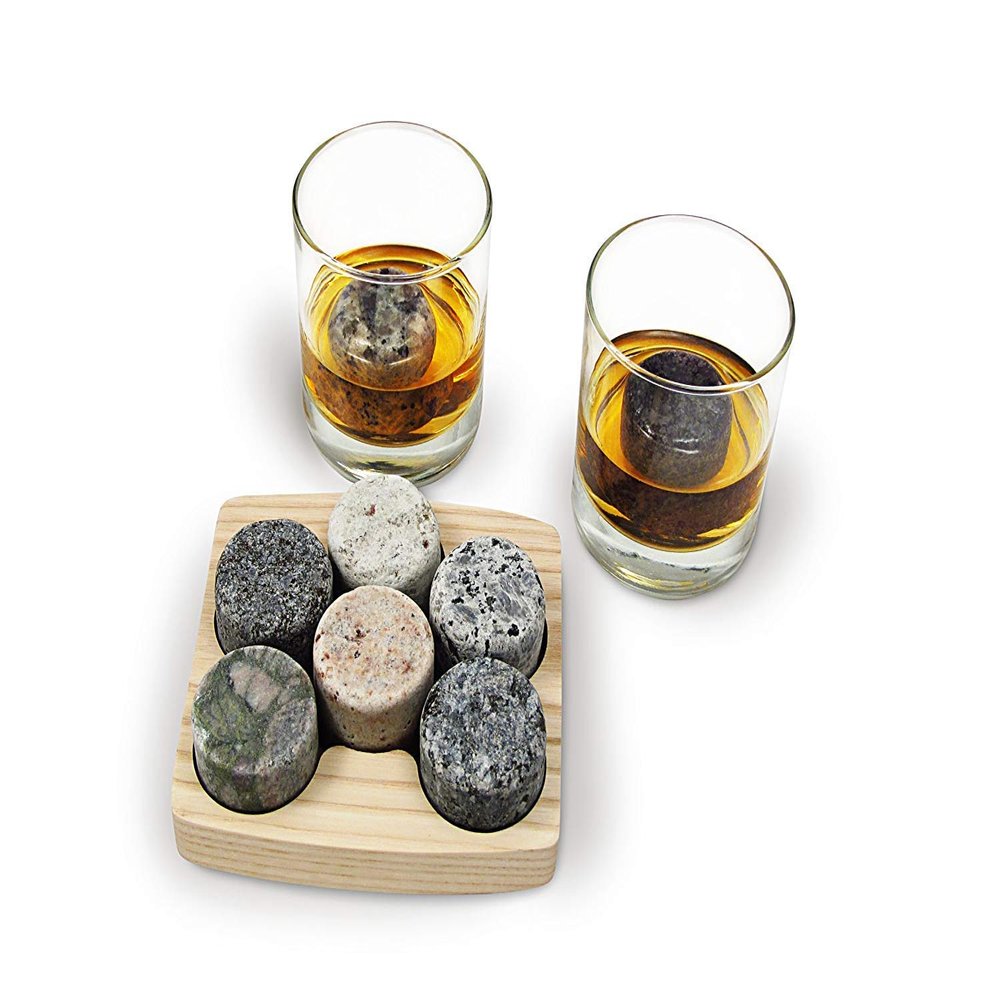 Sea Stones- 9-Piece Set - Full Sized Upcycled Granite Whiskey Chilling Stones- On the Rocks Set Includes 2 Monogrammable Tumblers with Wooden Presentation Tray - Made in the USA with Granite from NH