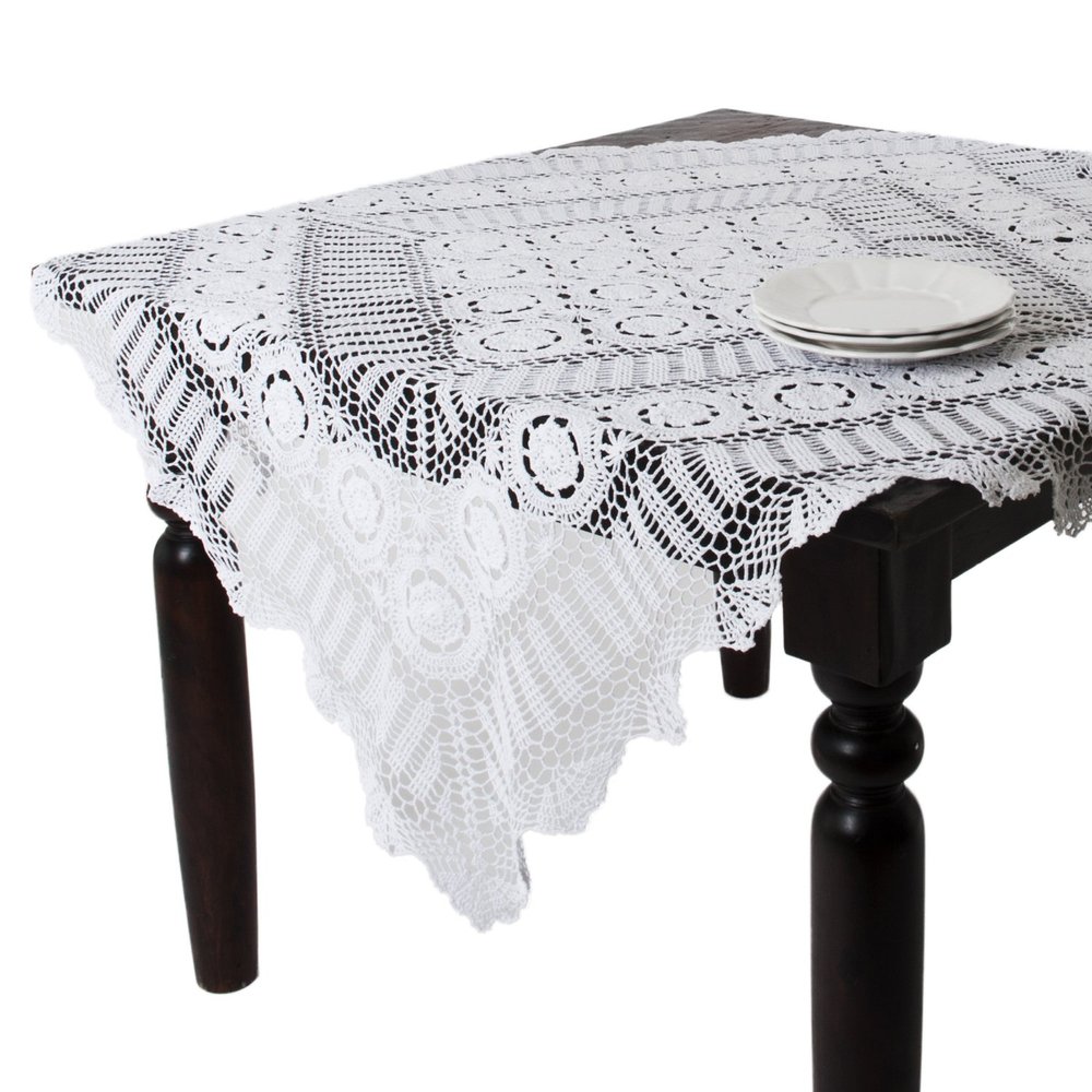 TCC Handmade Crochet Lace Tablecloth. 100% Cotton Crochet. White, 36 Inch Square. One Piece