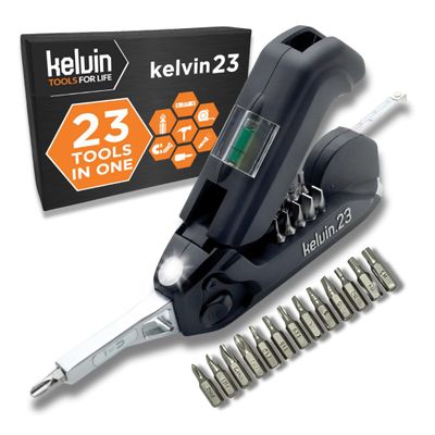 Kelvin Tools Kelvin 23 Urban Multi Tool Screwdriver Set All in One with 16 Bit Set, Tape Measure, Liquid Level, Hammer, Flashlight Multibit Pocket Tool, Universal Precision Screwdriver - Black