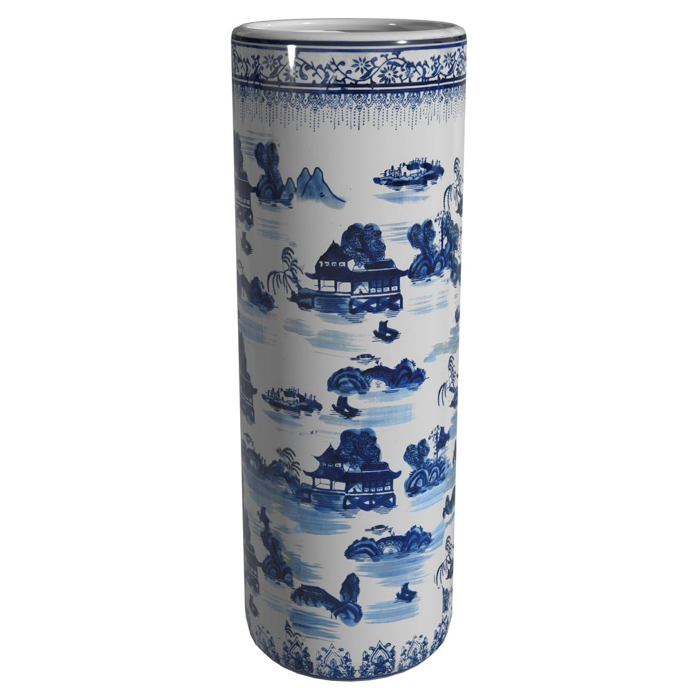Oriental Furniture 20" Landscape Blue & White Porcelain Umbrella Stand