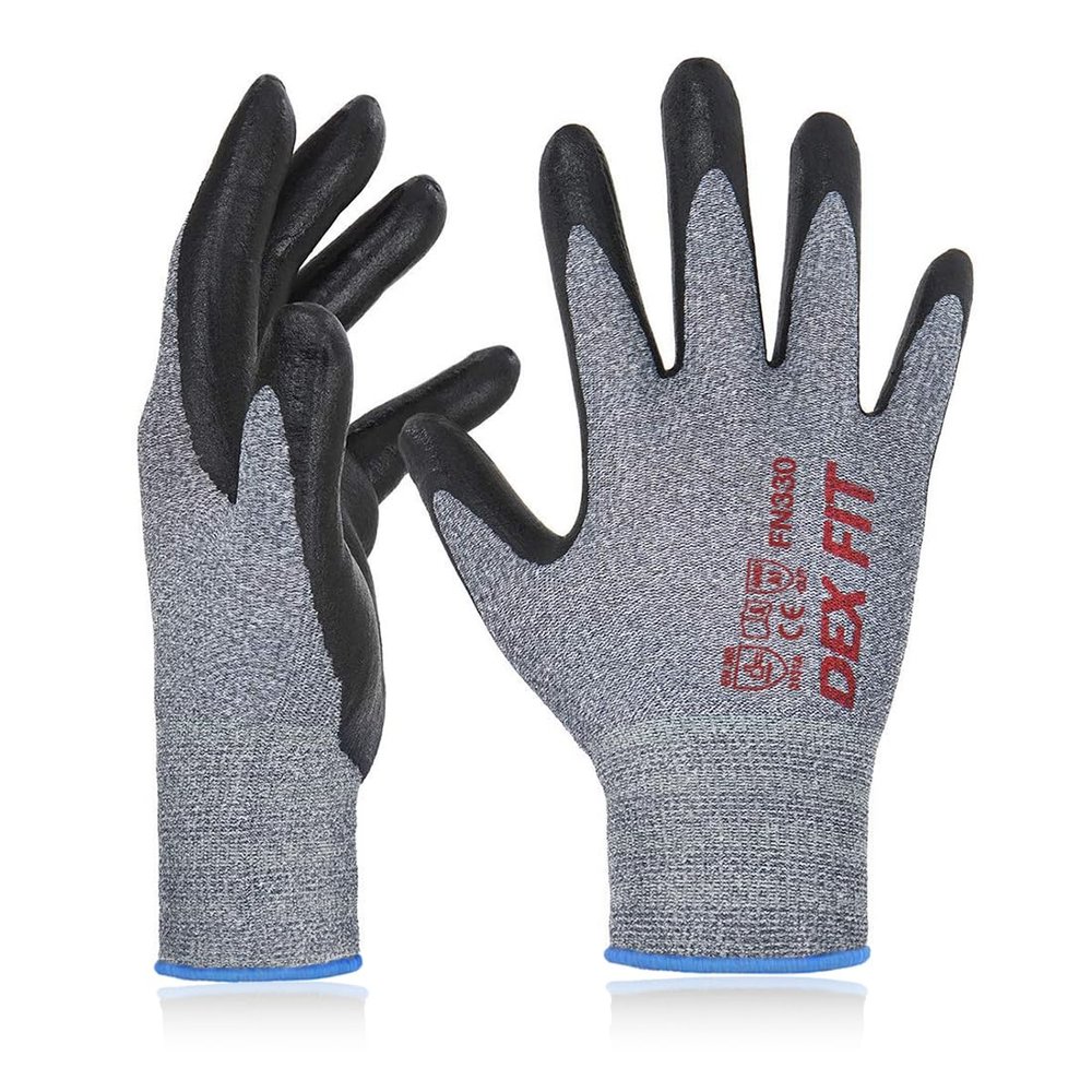 DEX FIT Nitrile Work Gloves FN330, 12 Pairs, 3D-Comfort Stretchy Fit, Firm Grip, Thin & Lightweight, Touch-Screen Compatible, Durable, Breathable & Cool, Machine Washable; Grey L (9)