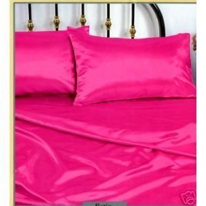 Home Fashion Pink Silky Queen Satin Pillowcase, Fitted and Flat Sheet Set
