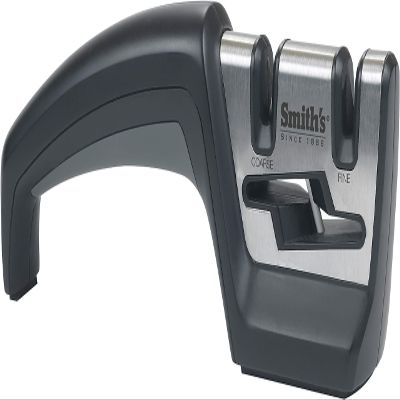 Smiths 50101 Pull-Thru Knife & Scissor Sharpener Black/Silver Pull-Thru Knife Sharpener Left & Right-Handed Scissor Sharpener Coarse & Fine Sharpening Slots Straight & Serrated Blades