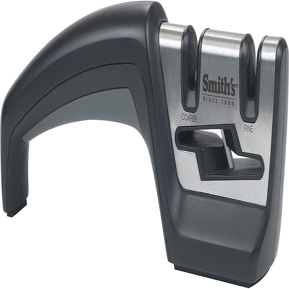 Smiths 50101 Pull-Thru Knife & Scissor Sharpener Black/Silver Pull-Thru Knife Sharpener Left & Right-Handed Scissor Sharpener Coarse & Fine Sharpening Slots Straight & Serrated Blades