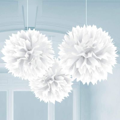 Elegant Frosty White Fluffy Hanging Paper Decorations - 16", 3 Pieces - Great For Party & Event Decor