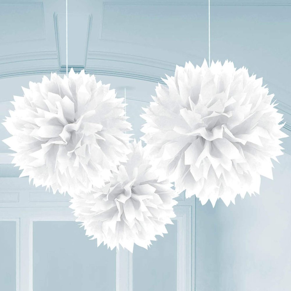Elegant Frosty White Fluffy Hanging Paper Decorations - 16", 3 Pieces - Great For Party & Event Decor