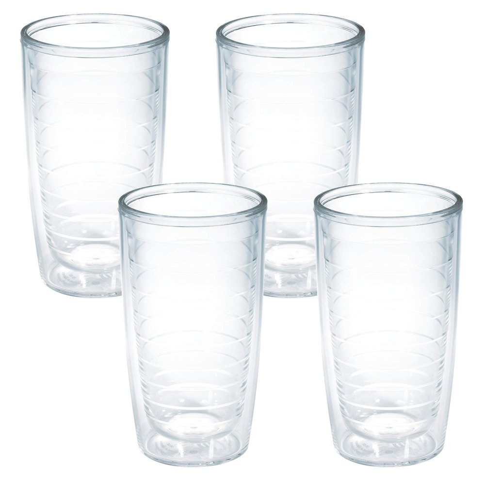 Tervis Clear & Colorful Tabletop Made in USA Double Walled Insulated Tumbler Travel Cup Keeps Drinks Cold & Hot, 16oz - 4pk, Clear