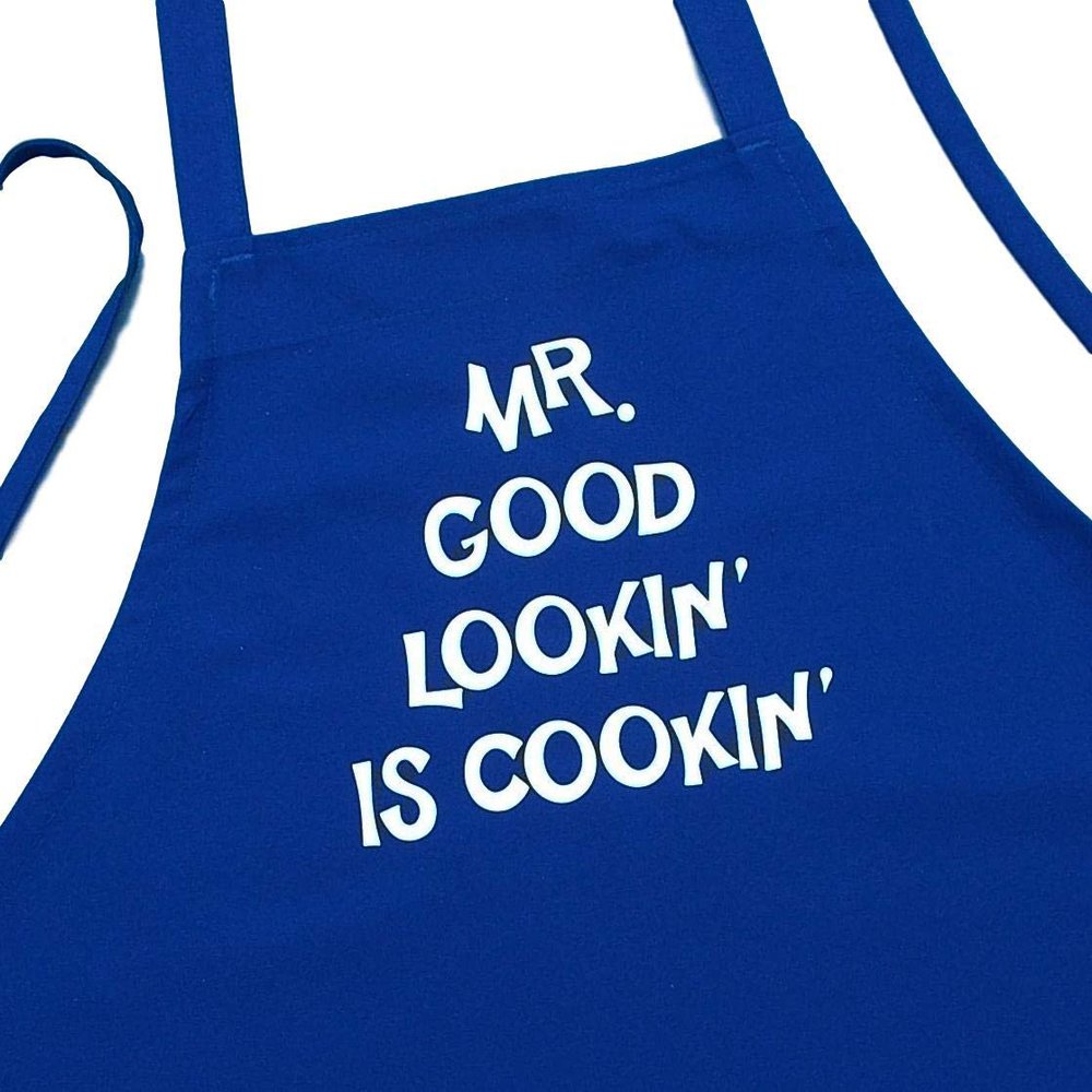 CoolAprons Mr. Good Lookin' Is Cookin' Funny Aprons For Men, Royal Blue Humorous Mens Apron, Grilling Apron For Guys