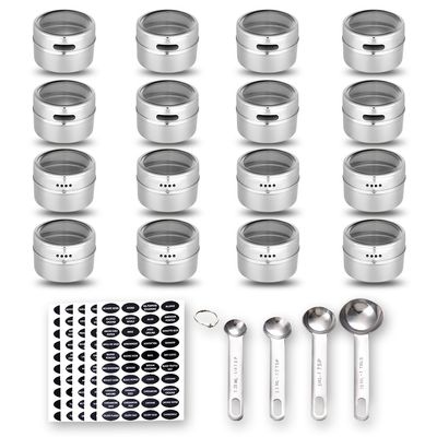 Hanindy 16 Magnetic Spice Tins, 200 Spice Labels, 4 Stainless Steel Measuring Spoons Magnetic Spice Containers Organizer Storage Condiment Jar Set of 16, Clear Lid, Sift and Pour