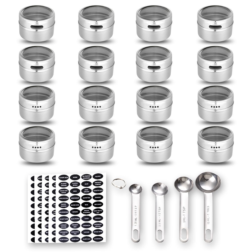 Hanindy 16 Magnetic Spice Tins, 200 Spice Labels, 4 Stainless Steel Measuring Spoons Magnetic Spice Containers Organizer Storage Condiment Jar Set of 16, Clear Lid, Sift and Pour