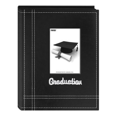 Pioneer Photo Albums 36-Pocket Sewn Leatherette Embroidered "Graduation" Theme Frame Cover Album for 4 by 6-Inch Prints, Black