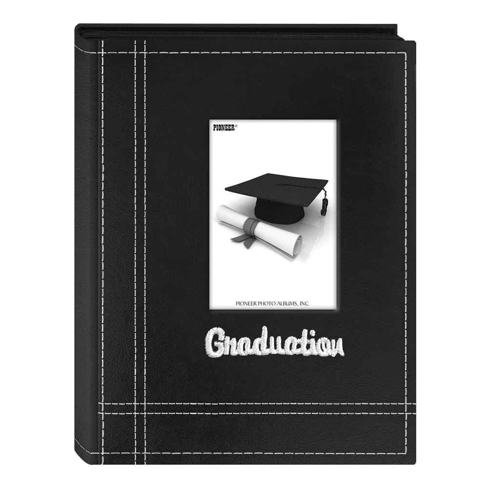 Pioneer Photo Albums 36-Pocket Sewn Leatherette Embroidered "Graduation" Theme Frame Cover Album for 4 by 6-Inch Prints, Black