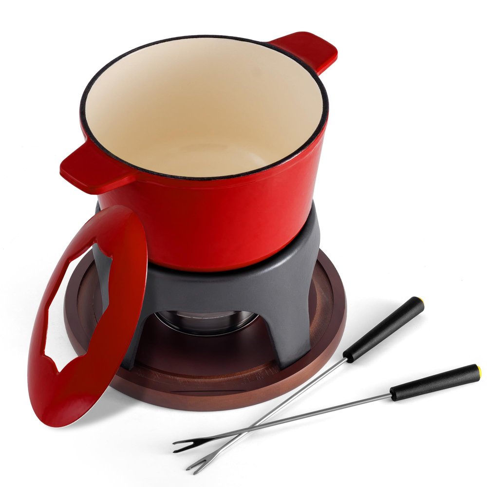 Swissmar Sierra Cast Iron Fondue Set, 1.6 Quart / 1.6 Liter Perfect for Meat, Cheese, & Chocolate Fondues Ideal for Family Bonding & Hosting Gifts - 12-Pieces, Cherry Red