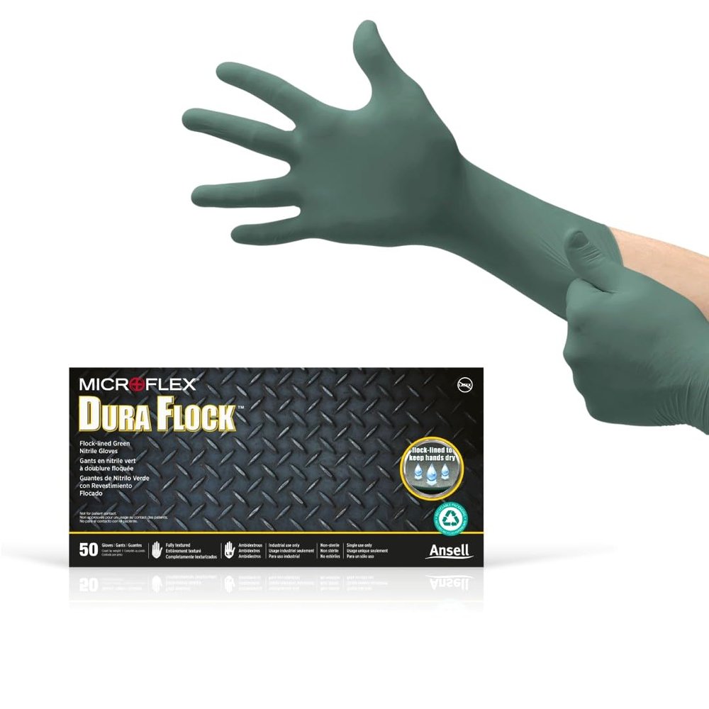 Ansell MICROFLEX Dura Flock DFK-608 Thick 11mil Nitrile Gloves for Automotive, Aftermarket, Machinery - Medium, Green (Box of 50)