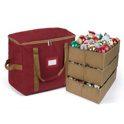 Covermates Keepsakes Adjustable Ornament Storage Bag Heavy-Duty Polyester, Padded Dividers & FlexGrid Trays Protective Holiday Ornament Organizer with Handles & Label Window, Red