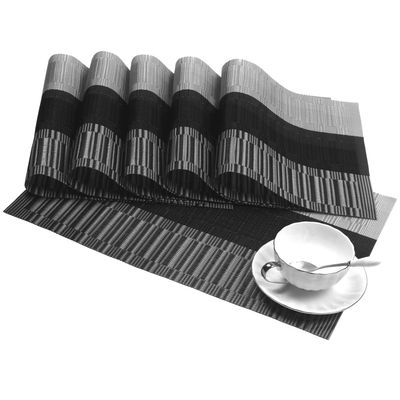 SHACOS Woven Vinyl Placemats for Dining Table Set of 6 Non Slip PVC Bamboo Basket Weave Table Place Mats (6, Ombre Black Gray)