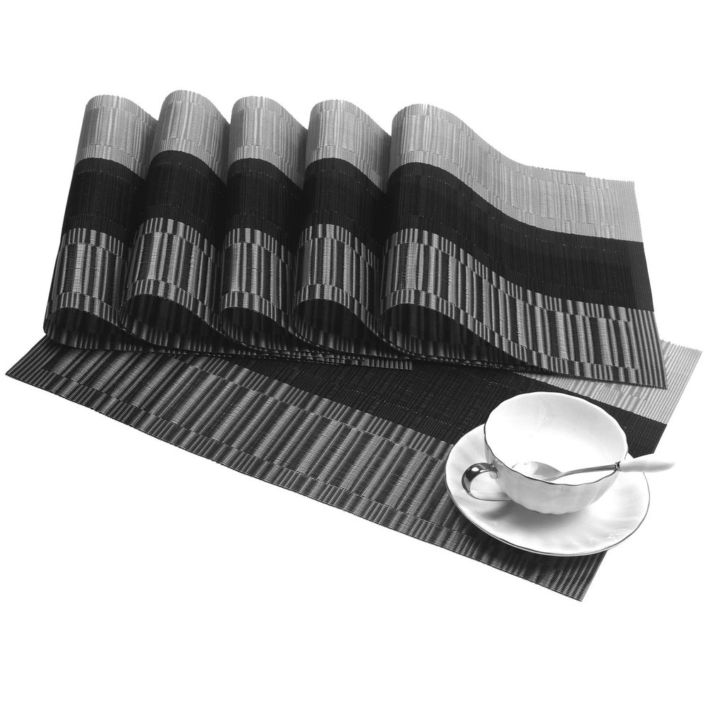SHACOS Woven Vinyl Placemats for Dining Table Set of 6 Non Slip PVC Bamboo Basket Weave Table Place Mats (6, Ombre Black Gray)