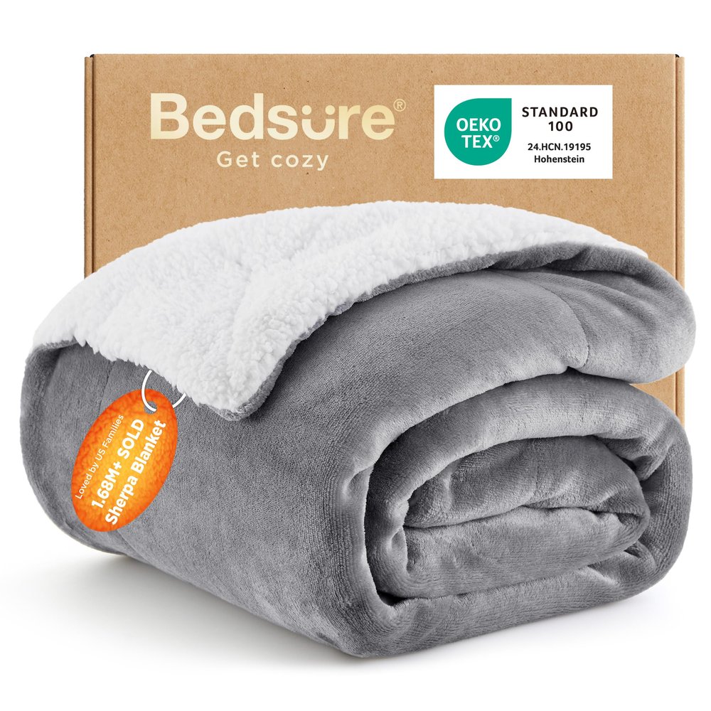 Bedsure GentleSoft Sherpa Fleece Throw Blanket for Couch  Thick & Warm Christmas Cozy Blanket for Winter, Non-Heated, Soft Fuzzy Plush Throw Gifts for Women and Men, Grey, 50x60 Inches