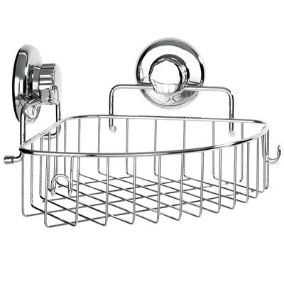 HASKO accessories Corner Shower Caddy with Suction Cups and 3M Adhesive Mounting Discs for porous surfaces - Stainless Steel Basket for Bathroom Storage (Chrome)