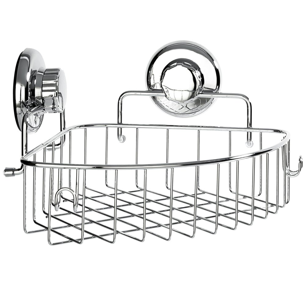 HASKO accessories Corner Shower Caddy with Suction Cups and 3M Adhesive Mounting Discs for porous surfaces - Stainless Steel Basket for Bathroom Storage (Chrome)