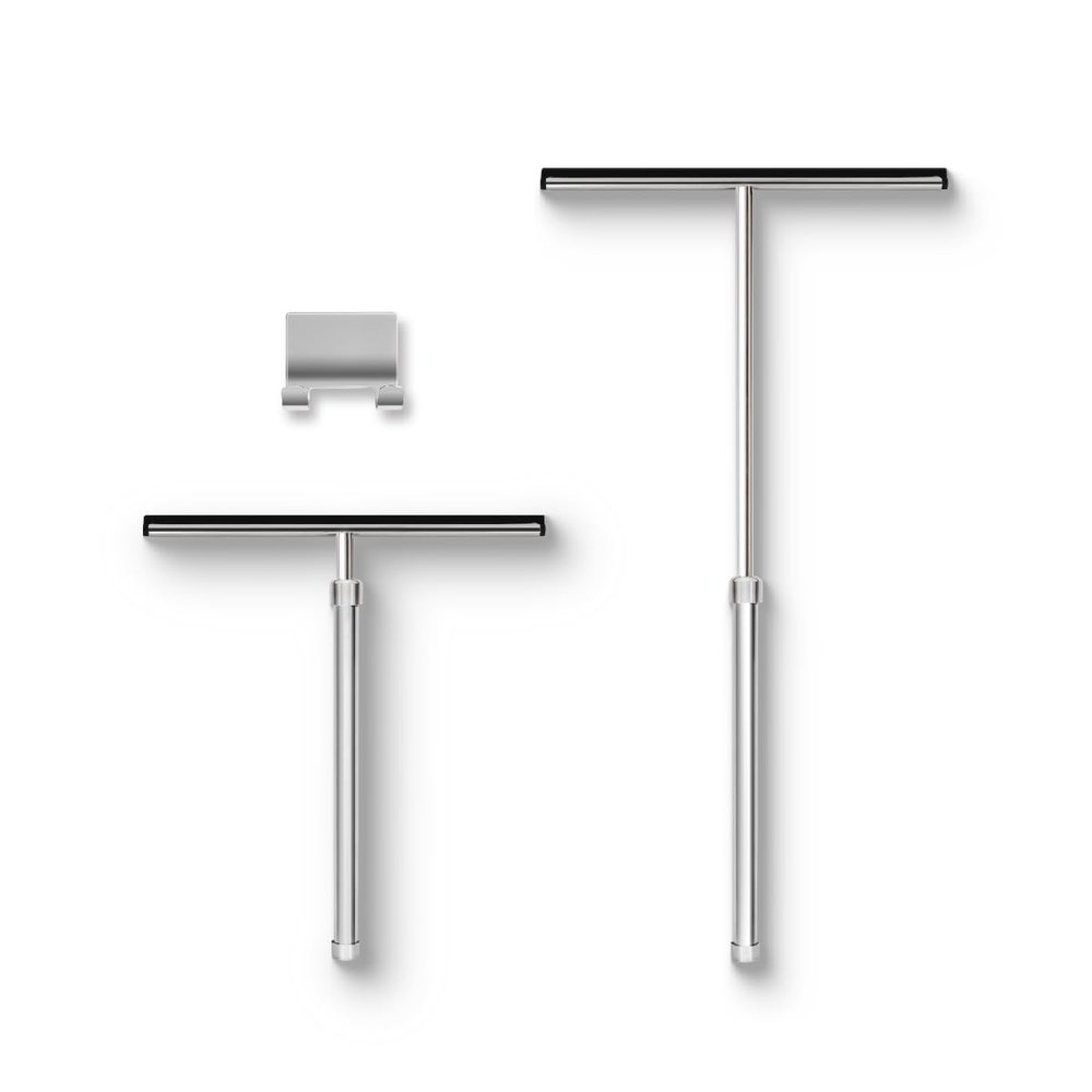 Shower Squeegee with Long Handle and Adhesive Hook. for Glass Doors, Tile Walls, Mirrors and Windows. Telescoping Squeegee for Cleaning. Bathroom Stainless Steel Squeegee, 10inch Wide, Chrome 1pk