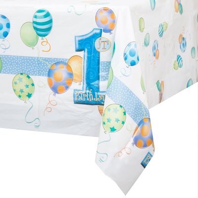 Blue 1st Birthday Plastic Tablecloth, 84" x 54"