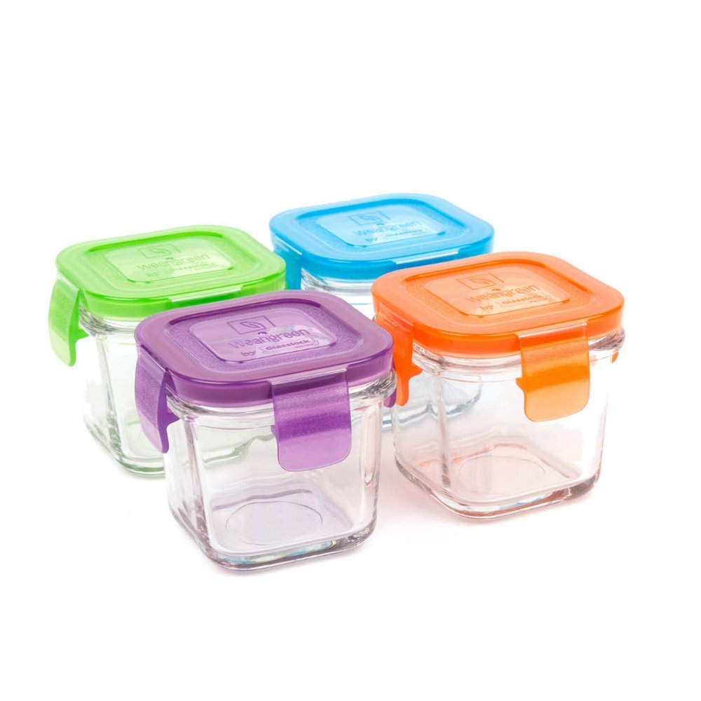Wean Cube Glass Food Storage Garden Pack - Pack of Four (4), 4 oz Square containers Blue, Orange, Green, Purple