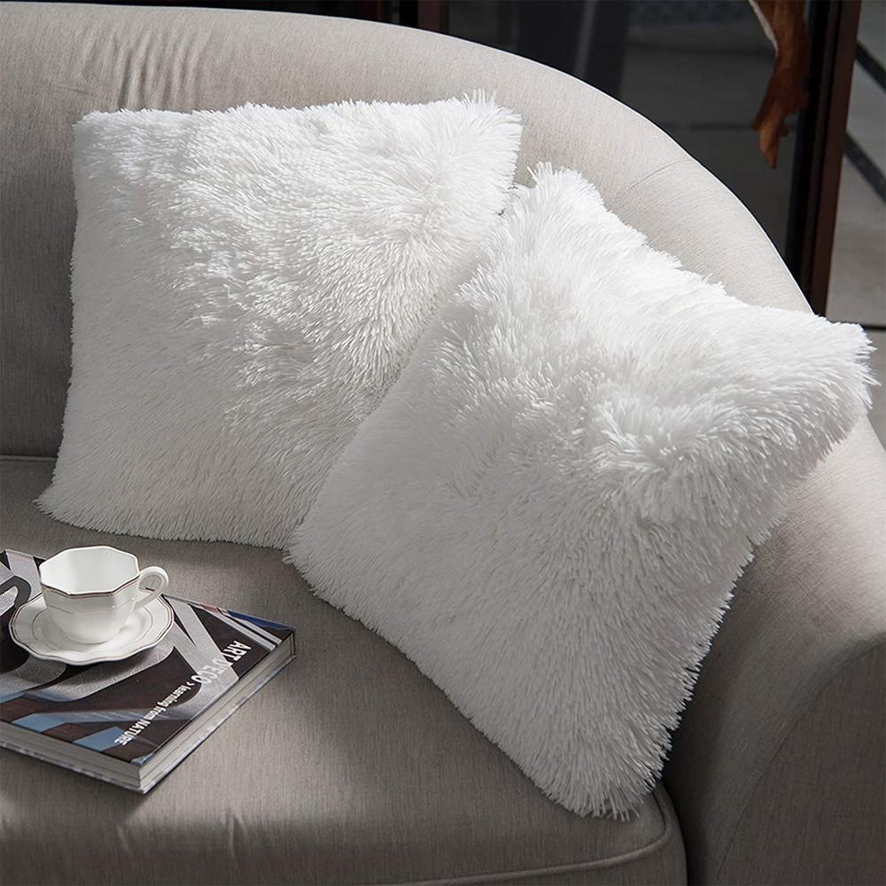 NordECO HOME Luxury Soft Faux Fur Fleece Cushion Cover Pillowcase Spring Decorative Throw Pillows Covers, No Pillow Insert, 18" x 18" Inch, White, 2 Pack