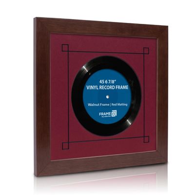 Frame My Collection 45 RPM Vinyl Record Frame | Wall Mounted Solid Wood Record Display Frame for Single 6 7/8-Inch Vinyl with Red Mat, Black Trim, Walnut and Real UV Glass | 12" x 12" Overall Size