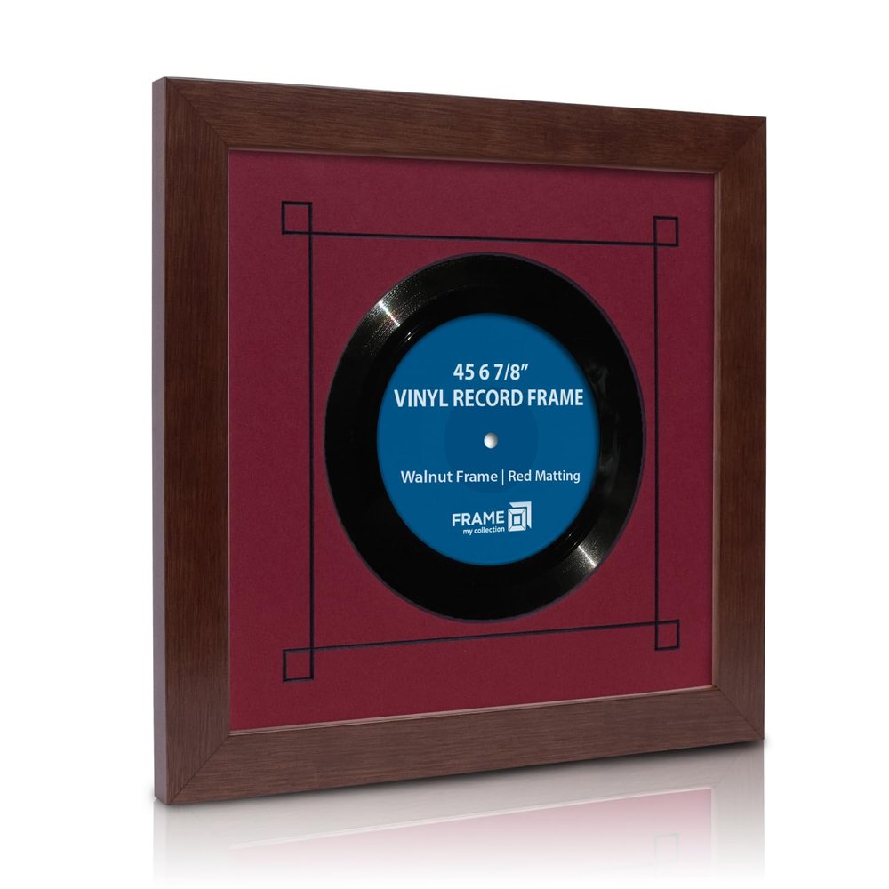 Frame My Collection 45 RPM Vinyl Record Frame | Wall Mounted Solid Wood Record Display Frame for Single 6 7/8-Inch Vinyl with Red Mat, Black Trim, Walnut and Real UV Glass | 12" x 12" Overall Size