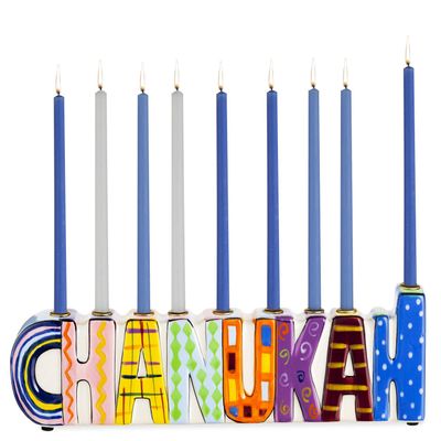 Rite Lite Chanukah Multicolor Menorah - Hand Painted Ceramic Colorful Menorah Whimsical Designs Kids for Hanukkah Gifts Jewish Holiday Party Favors Festival of Lights