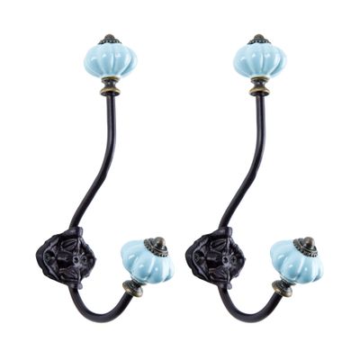 NIKKY HOME Wall Hooks Decorative 2 Pack Hanging Rustic Vintage Pumpkin Metal Iron Ceramic Antique Mounted Wall Hook for Towels Coat Bag Scarf Cap Hat Key for Farmhouse Mudroom Closet Bathroom, Blue
