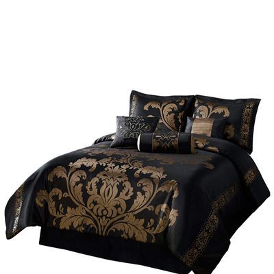 JD Home 7pcs Black Gold Jacquard Floral Comforter Bedding Set King Size