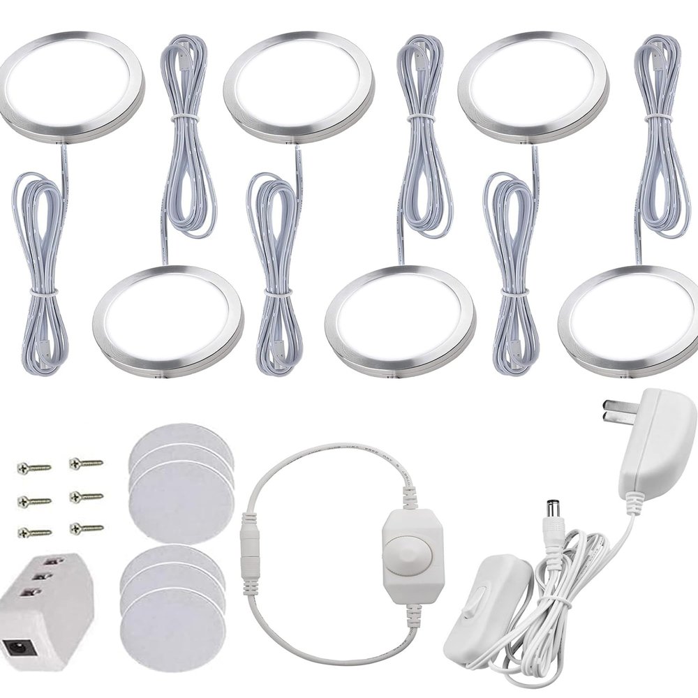 LED Puck Lights, Set of 6, White | Dimmable Under Cabinet Lighting, Led Under Counter Lighting for Kitchen Closet, Bookcase, Shelf, All Accessories Included (6Pack,White)