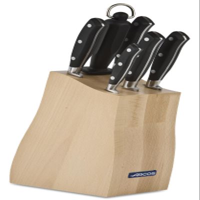 Arcos Forged Block Knife 6 piece Nitrum Stainless Steel. 4055 gr. Multi-use Cooking Knife for Cutting Meat and Vegetables. Ergonomic Polyoxymethylene POM Handle. Series Riviera. Color Black.