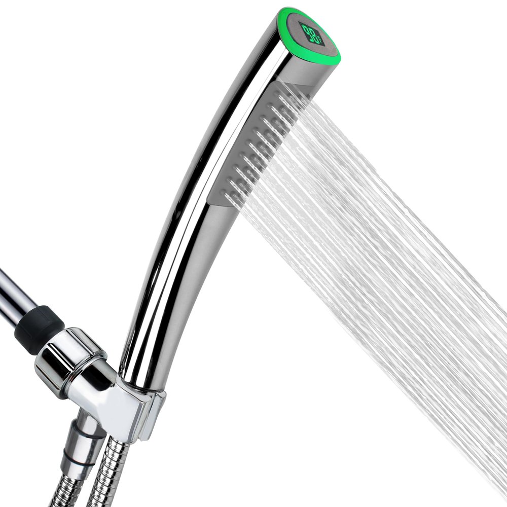 YOO.MEE LED Thermometer Handheld Shower Heads, Water Powered Light to Display Fahrenheit, Special for Skin Showering, Child and Pet Shower, Shower Accessories w/ 79'' Hose, Bracket, Polished Chrome