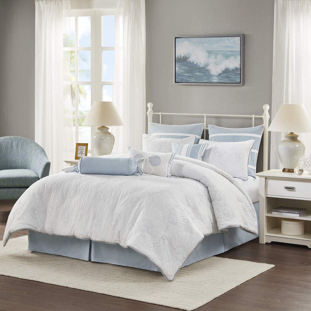 Harbor House Cotton Comforter Set-Coastal Oceanic Sealife Design All Season Down Alternative Bedding with Matching Shams, Bedskirt, King(108"x96"), Beach, Quilted Seashell White, 4 Piece,HH10-703