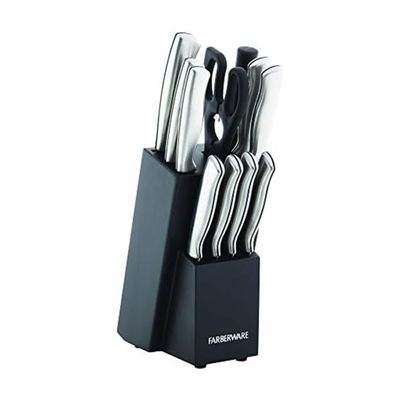 Farberware FPP12P 12-Piece High-Carbon Stamped Stainless Steel Knife Block Set, Black Block