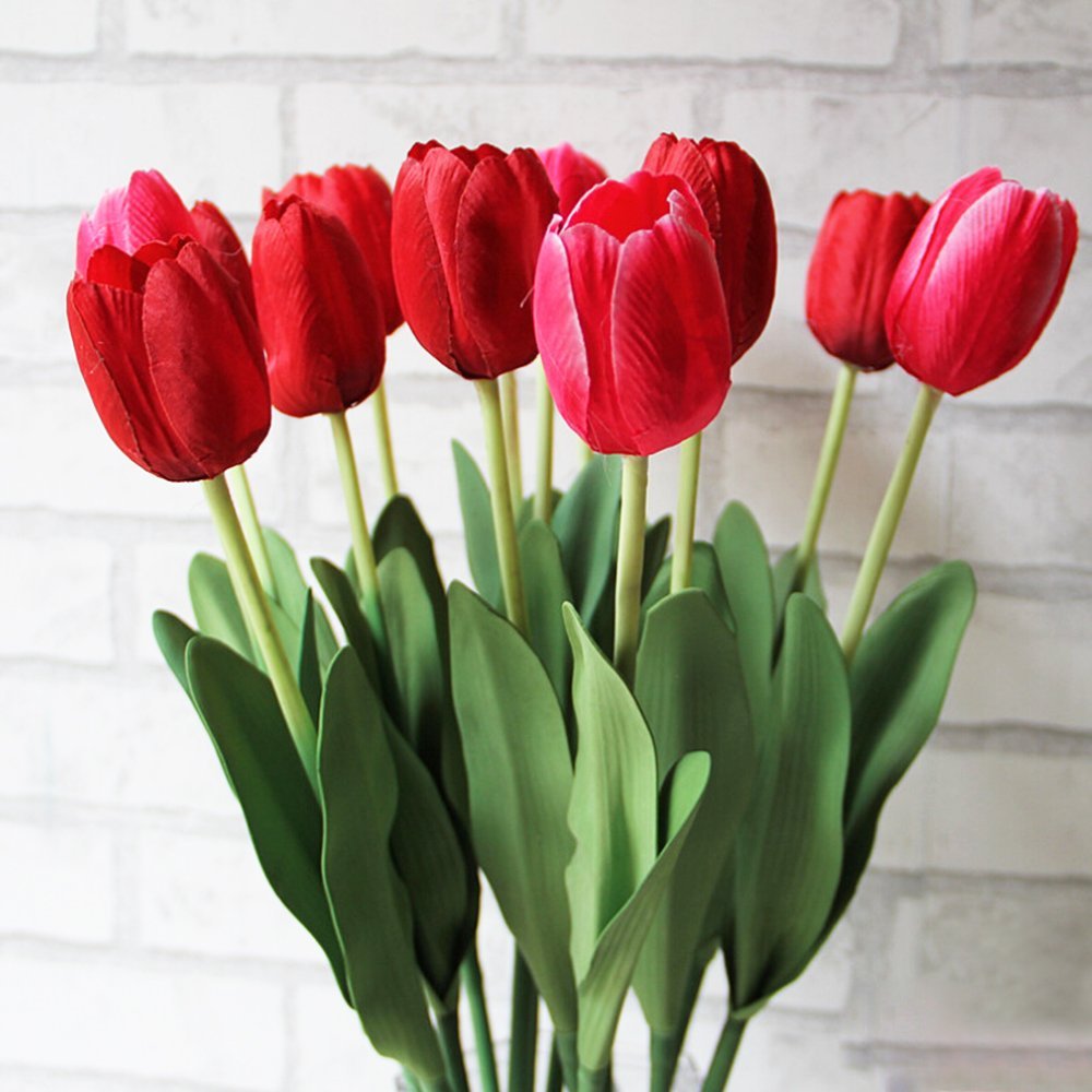 10pcs Classic Artificial Flowers, Silk Flower Tulips, Red Tulips for Wedding Bridesmaid Bridal Bouquet Home Decoration (Red)