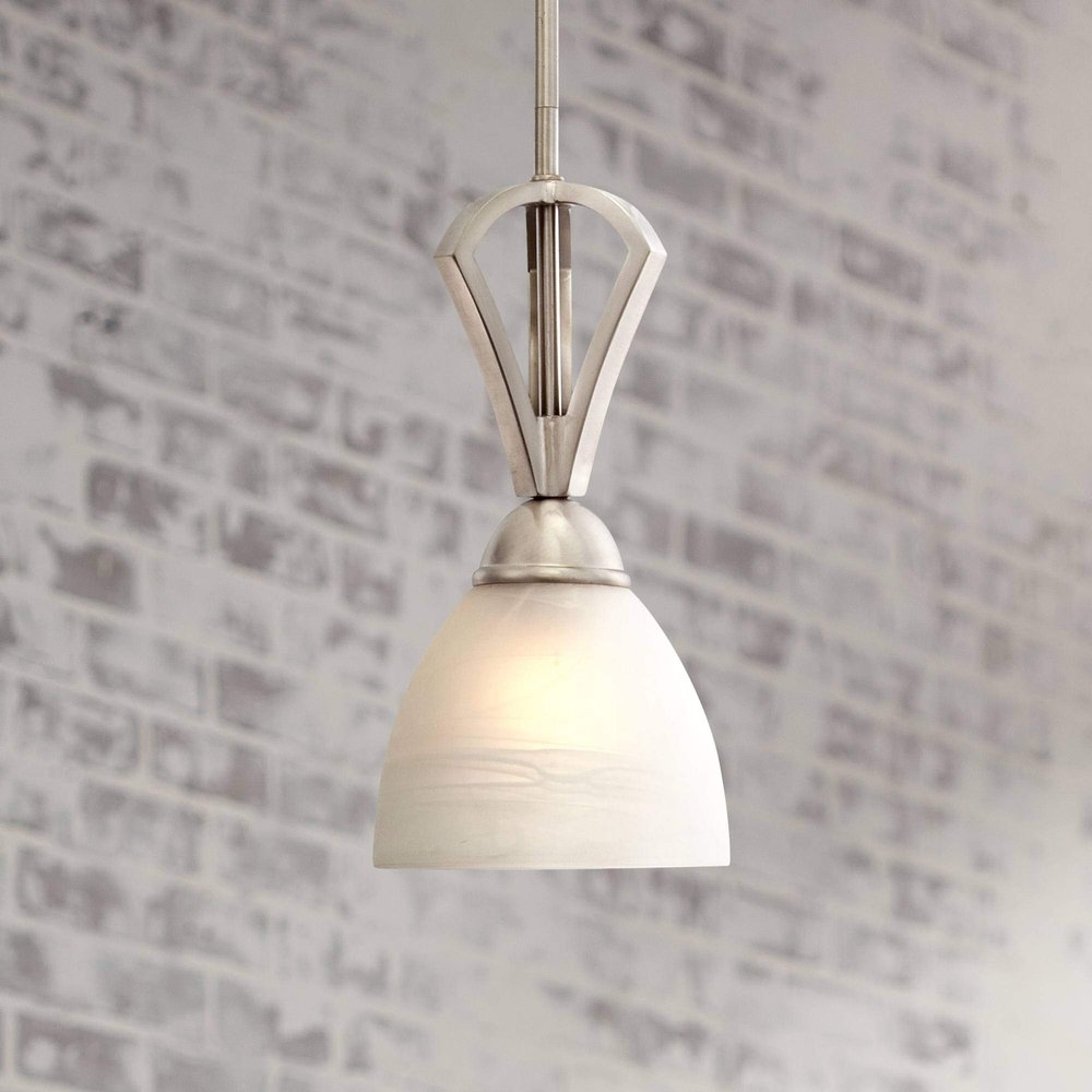 Possini Euro Design Milbury Satin Nickel Silver Mini Pendant Light 6" Wide Modern White Alabaster Glass Shade Fixture for Dining Room House Entryway Bedroom Kitchen Island Hallway High Ceilings