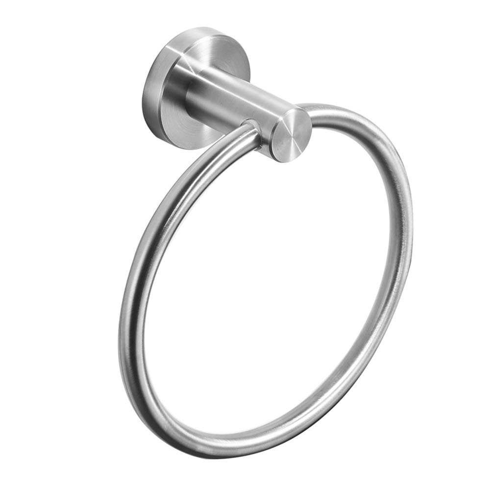 BESy SUS304 Stainless Steel Bathroom Hand Towel Ring Towel Holder, Wall Mounted with Screws, Heavy Duty Round Pedestal, Brushed Nickel Finish
