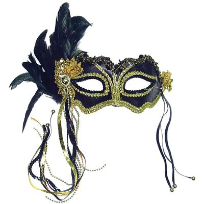 Bristol Novelty EM323 Metallic Eye Mask with Side Feather, Womens, Black, One Size Halloween Halloween