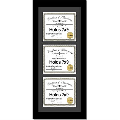 Creative Picture Frames [10x24bk-b] Black Vertical 7x9 Triple Diploma Frame with 3 Opening Black Matting | Holds 3 7x9 inch Documents with installed Wall Hanger