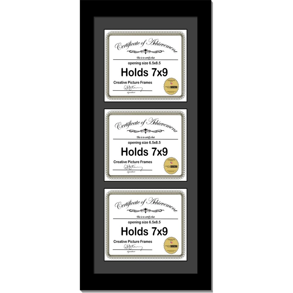 Creative Picture Frames [10x24bk-b] Black Vertical 7x9 Triple Diploma Frame with 3 Opening Black Matting | Holds 3 7x9 inch Documents with installed Wall Hanger